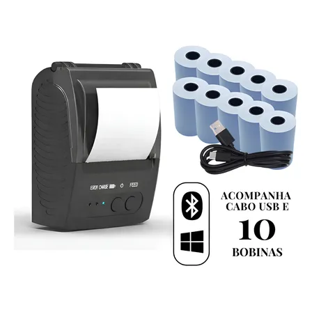Mini Impressora Termica Usb E Bluetooth Kit C/ 10 Bobinas Mini Impressora Preta 5v