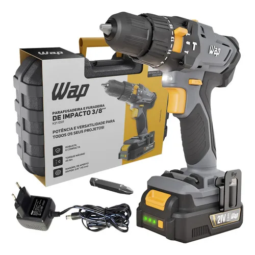 Parafusadeira Furadeira Impacto Sem Fio 45nm 21v Maleta Wap Preto E Cinza 21v 50 Hz/60 Hz