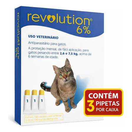 Antipulgas Revolution 6% 45mg Gatos 2,6 A 7,5kg C/ 3 Pipetas Azul
