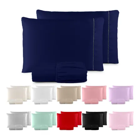 Jogo De Lençol Casal Padrão 3 Pçs 400 Fios C/ Elástico Hotel Azul-marinho Liso