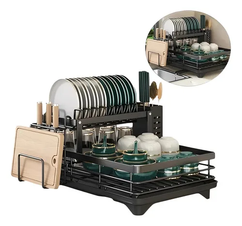 Escorredor De Louça Prato Talheres Copo 2 Andares Inox Preto Preto