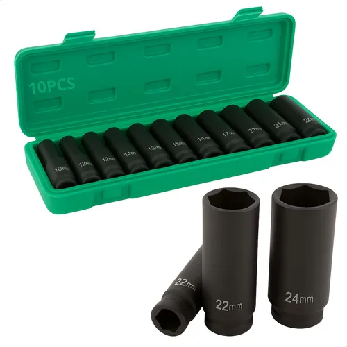 Soquete De Impacto Longo Sextavado 1/2 Pol 8 Ao 24mm 10pcs Preto