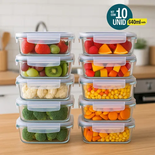 Kit 10 Potes De Vidro Hermético 640ml 4 Travas Livre De Bpa Cinza