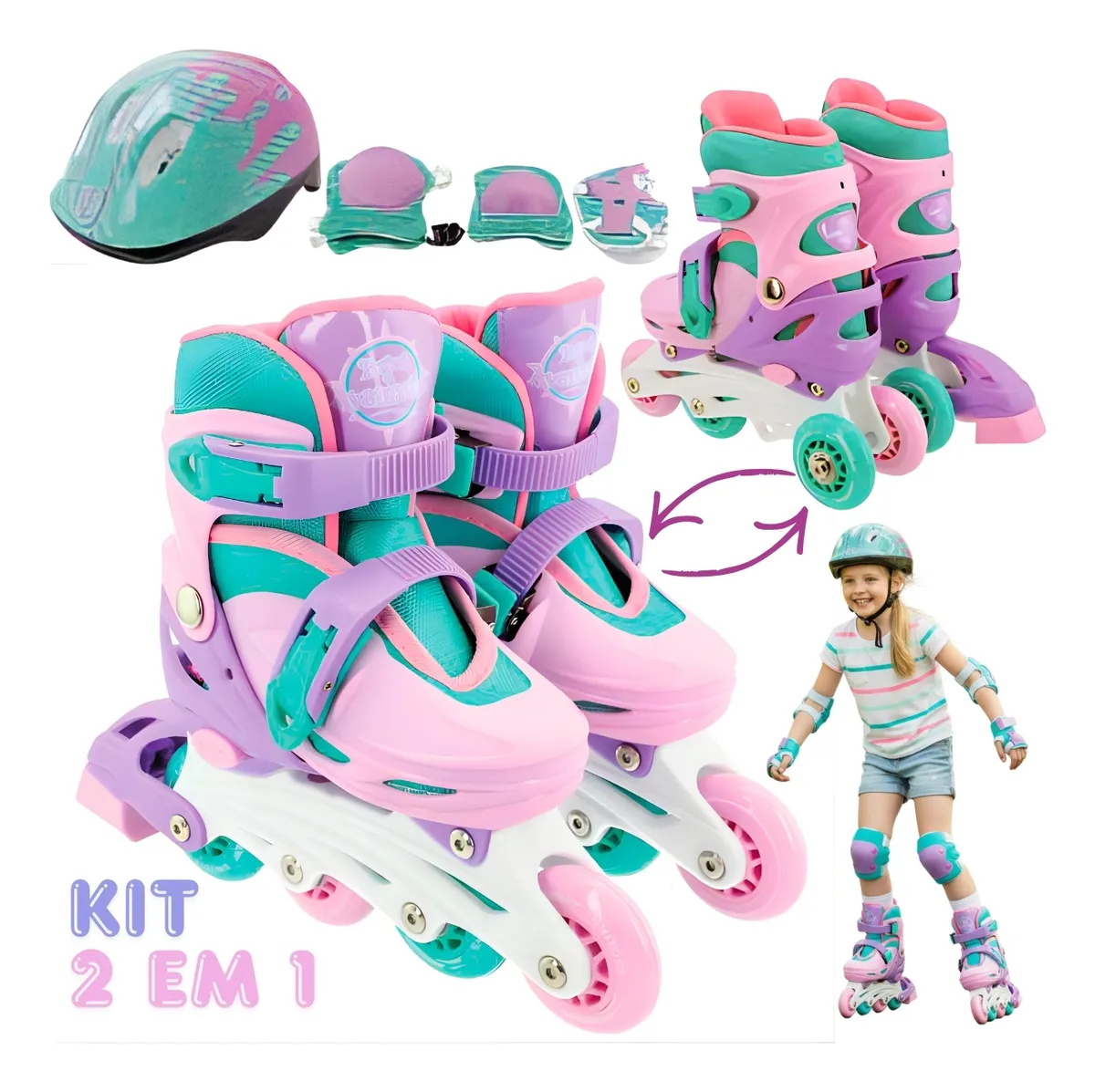 Patins Feminino 2 Em 1 Inline Roller Capacete Kit Segurança 30-33 65 Mm Rosa
