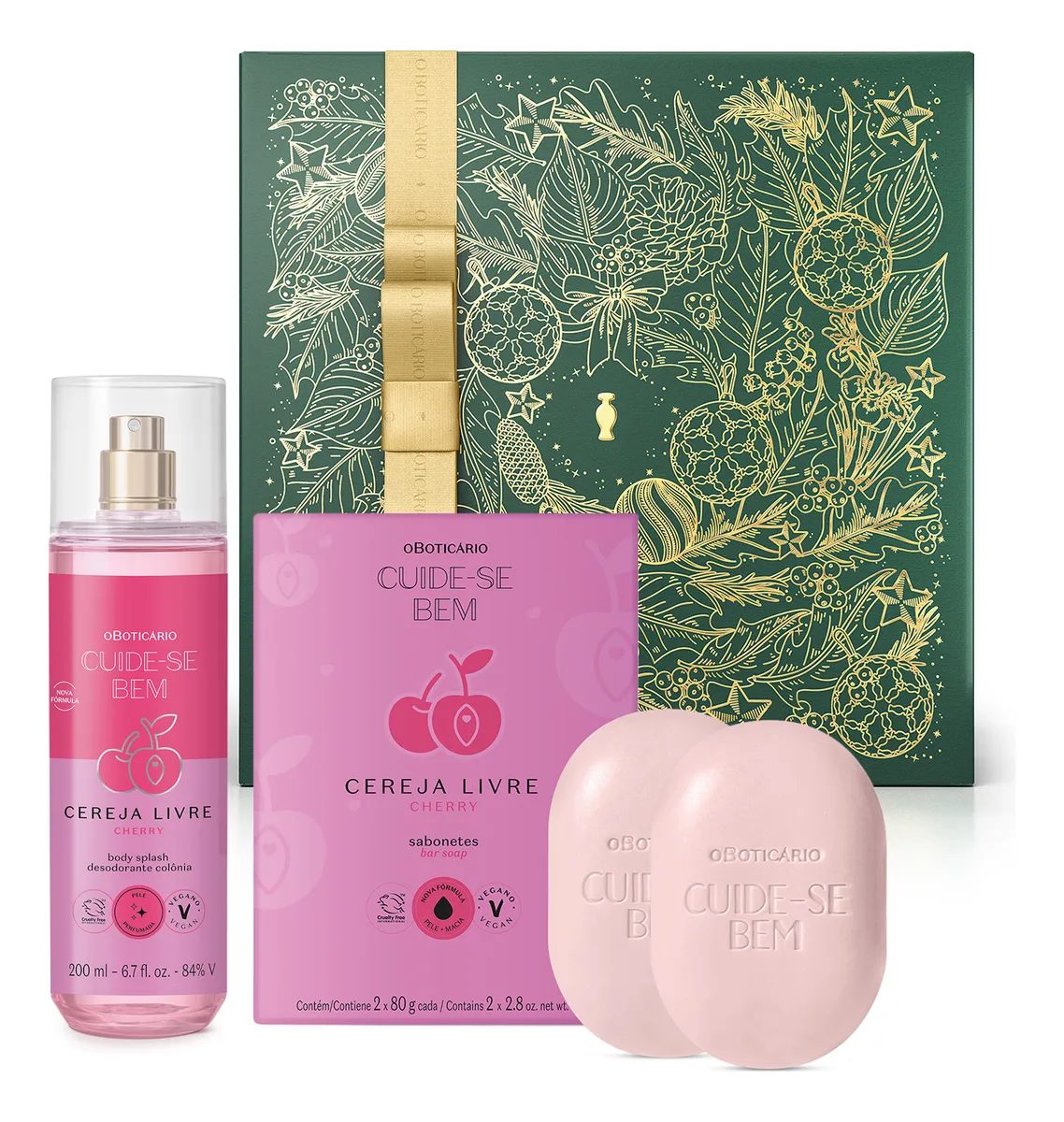Combo Presente Cuide-se Bem Cereja Livre: Body Splash 200ml + Sabonetes Em Barra 2x80g + Caixa De Presente