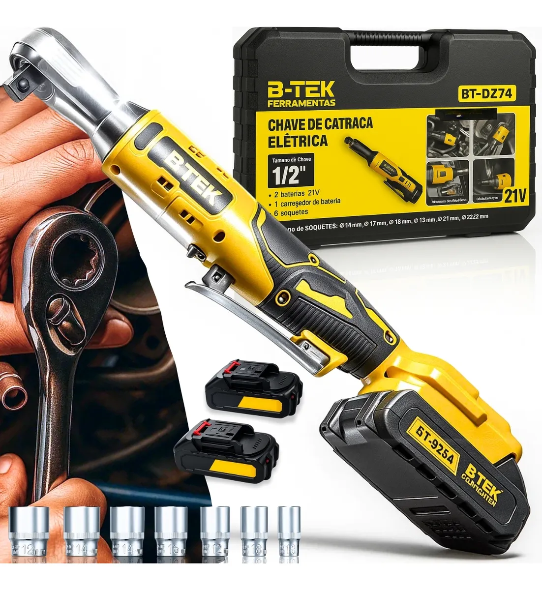 Chave Catraca Elétrica 21v Encaixe 1/2 Pol Com 2 Baterias Amarelo E Preto 127/220v 50 Hz/60hz