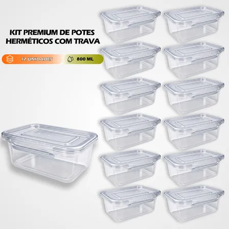 Kit 12 Marmitas 800ml Potes Trava Lateral Freezer Microondas Transparente