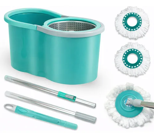Mop Giratório Cesto Em Inox Cabo De 140cm 8 Litros 2 Refil Azul-turquesa