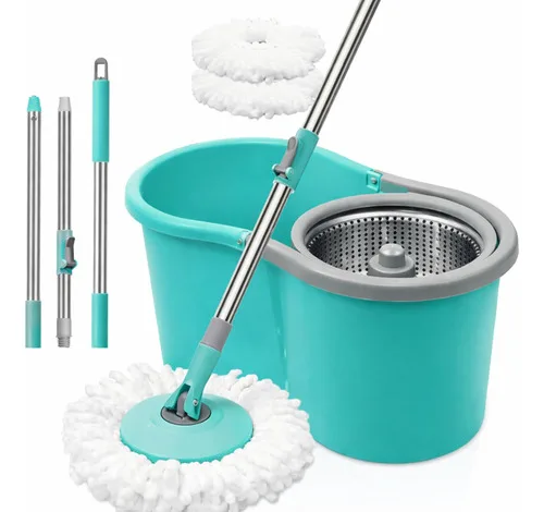 Kit Mop Giratório 2 Refis Cesto Inox 8 Litros Cabo 140cm Az Azul-turquesa
