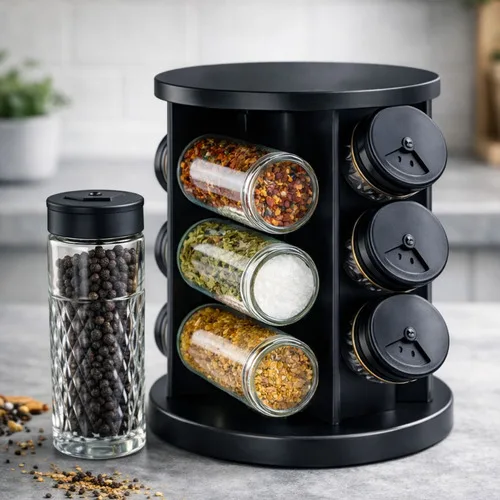 Porta Condimentos Temperos Giratório 9 Potes De Vidro  Preto Preto