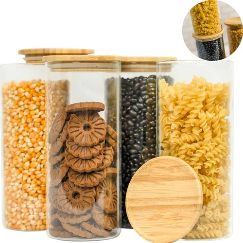 Kit 4 Pote Vidro Hermético Tampa De Bambu 800ml Cozinha Bege