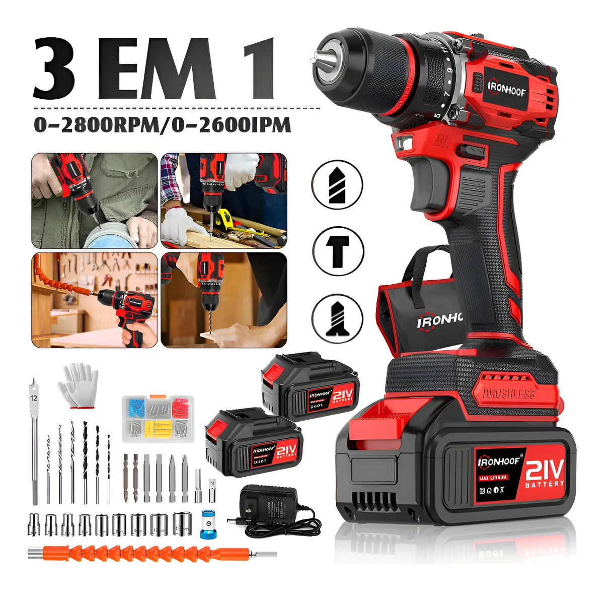 Furadeira Parafusadeira De Impacto A Baterias Brushless 21v Vermelho 110/127/220v 60hz