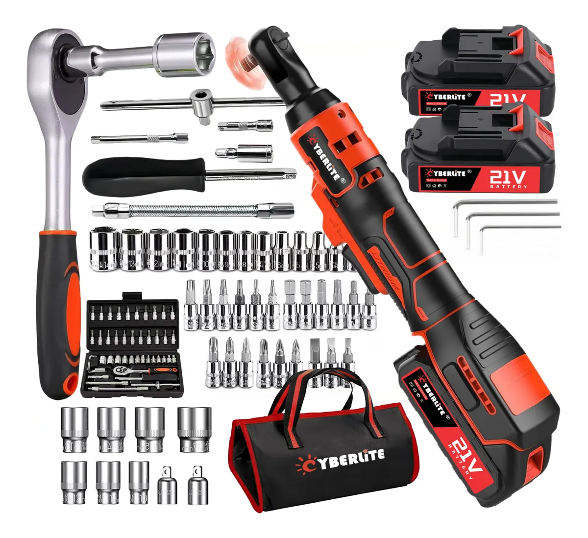 Cyberlite Kit Chave Catraca Elétrica 3/8+46 Soquetes E Fenda Vermelho 21v 50hz / 60hz