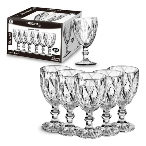 Jogo 6 Taças Vinho Água De Vidro 340ml Diamond Transparente Branco