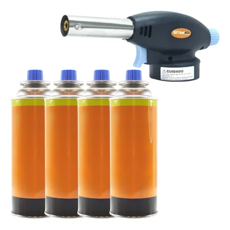 4 Refis Gas Butano + 1 Maçarico Portátil Culinária Gourmet Preto