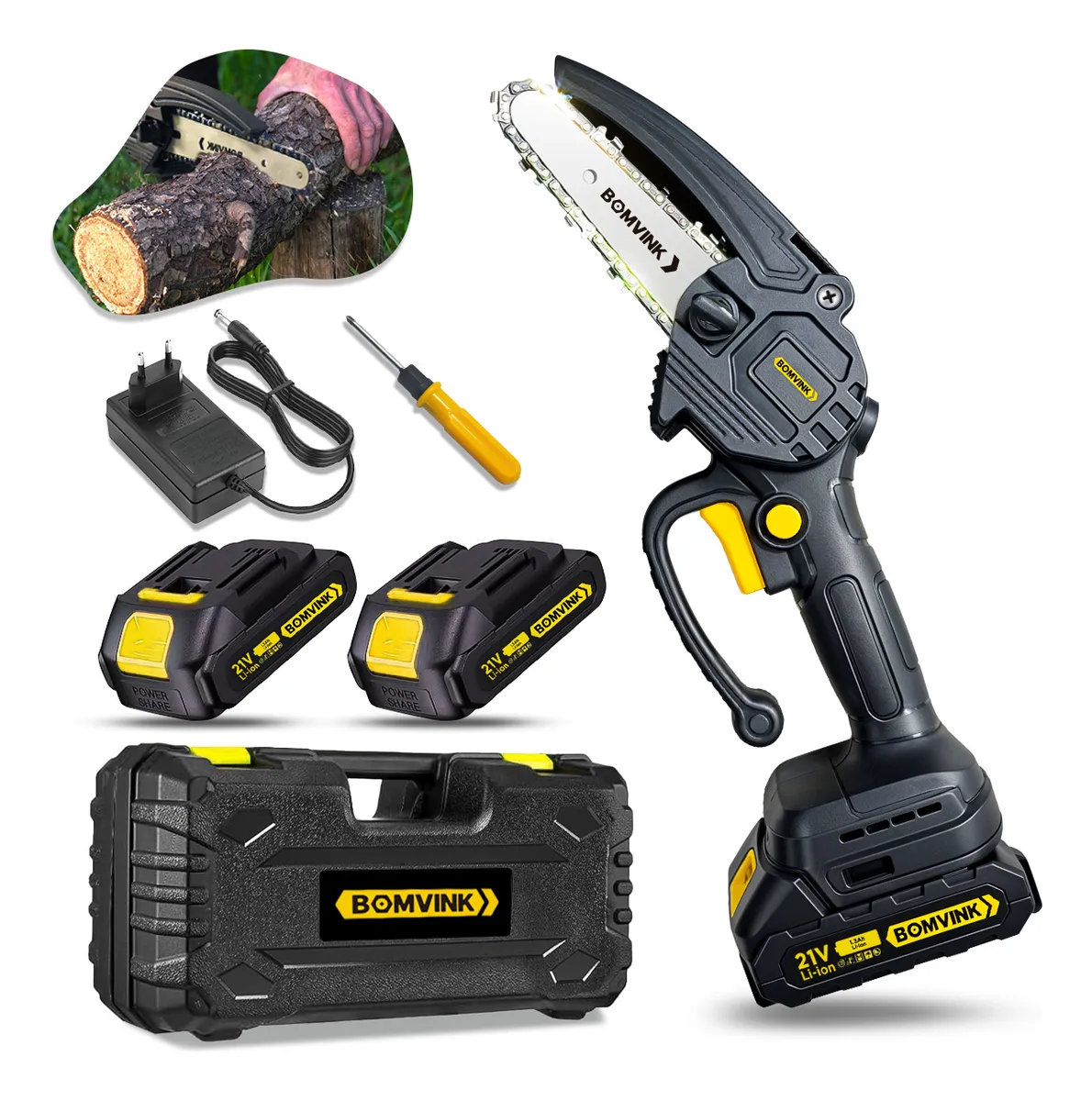 Motoserra Elétrica Portátil 4 Pol. Duas Baterias 21v Mini Amarelo/4 Pol 20v