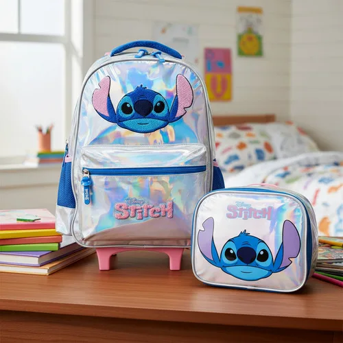 Kit Mochila Escolar De Rodinhas + Lancheira Stitch Luxcel Prata Liso