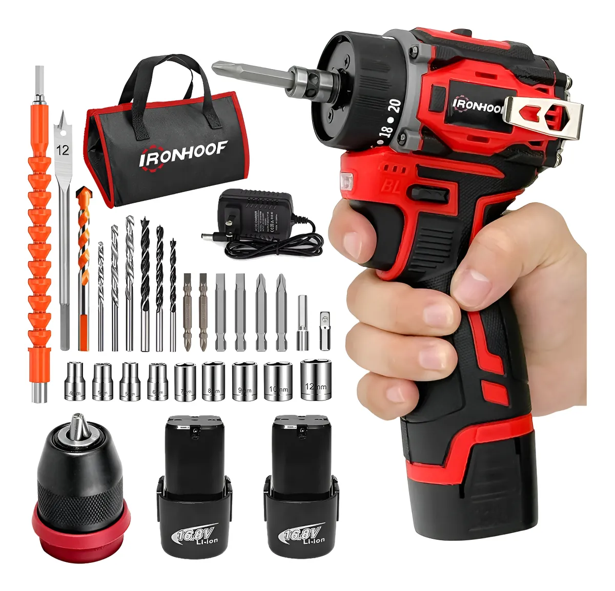 Parafusadeira Furadeira Eletrica Brushless 2 Baterias Bivolt Vermelho 110/127/220v 60