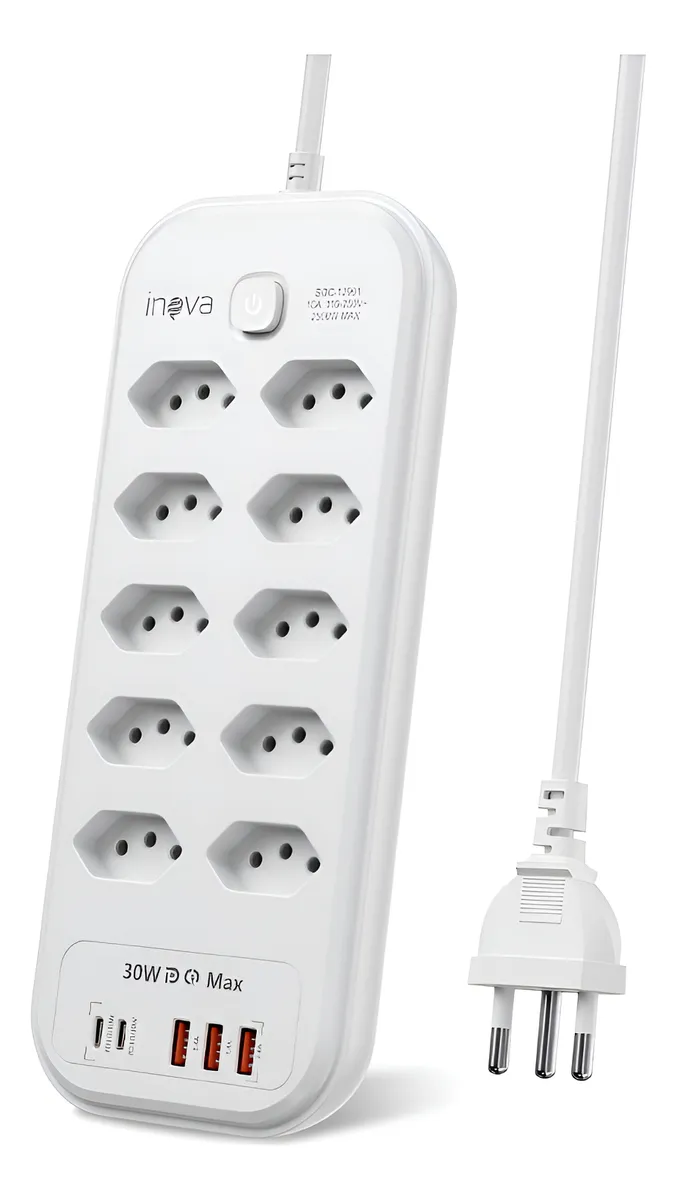 Filtro Linha 10 Tomadas E 3 Usb 2 Pd Bivolt Power 110/220v Branco 127/220v
