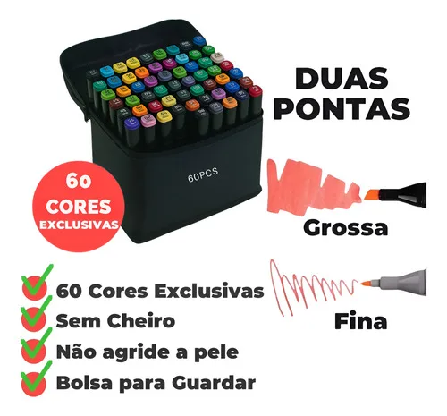 Kit 60 Cores De Canetinhas Touch Pontas Duplas Com Estojo