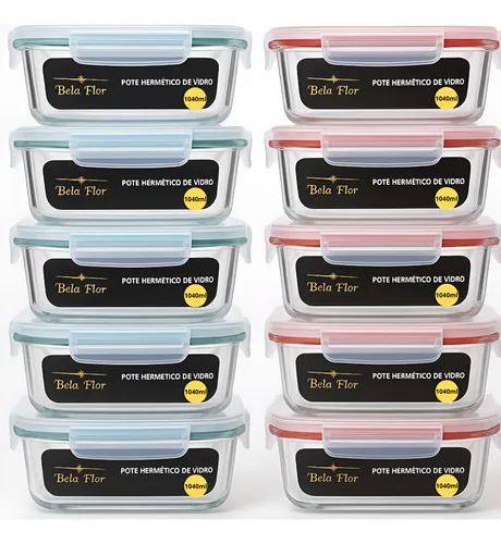 Jogo 10 Potes 1040ml Vidro Hermético 4 Travas Marmita Kit Mix