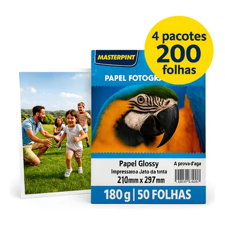 Papel Fotográfico 180g Glossy A4 Masterprint Kit 200 Folhas Branco