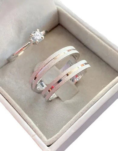 Alianças De Namoro Prata 950 Legítima Friso + Anel Solitário