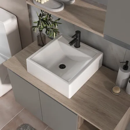 Kit Gabinete Banheiro Virtus 80cm Com Tampo Vidro