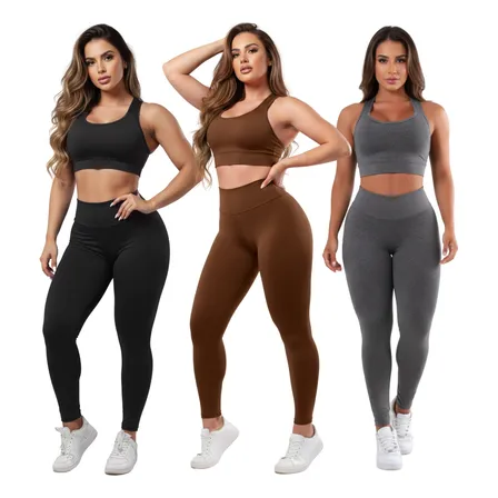 Kit 03 Conjuntos Calça Legging E Top Roupas Para Academia