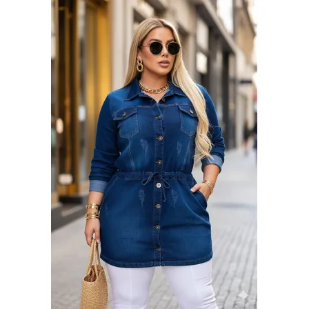 Jaqueta Parka Jeans Sarja Feminina Plus Size Comprida