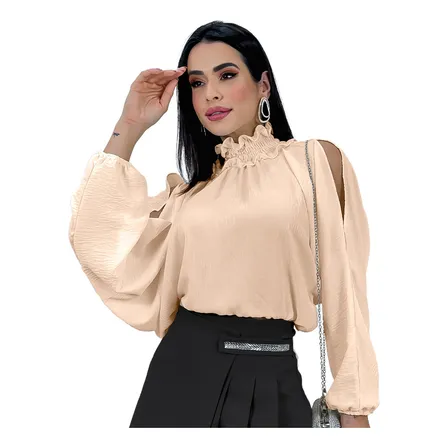 Blusa Bata Feminina Cropped Manga Bufante Gola Alta Babado