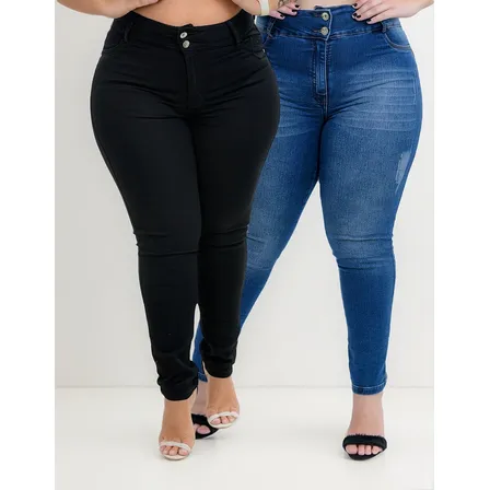 Kit2 Calça Plus Size Feminina Jeans Cintura Alta Top Lycra