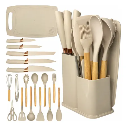 Kit Utensílios Silicone C/ Cabo De Madeira E Facas Em Inox