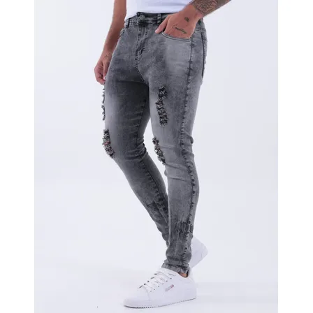 Calça Skinny Preta Rasgada Masculina Jeans C/ Elastano Lycra