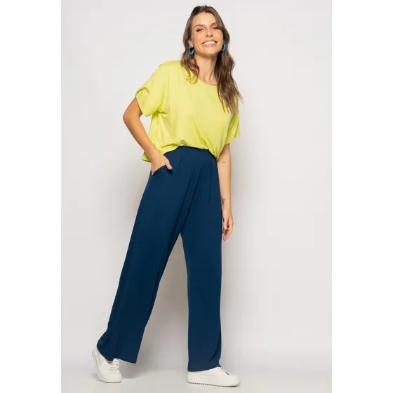 Calça Wide Leg Com Bolso Malha