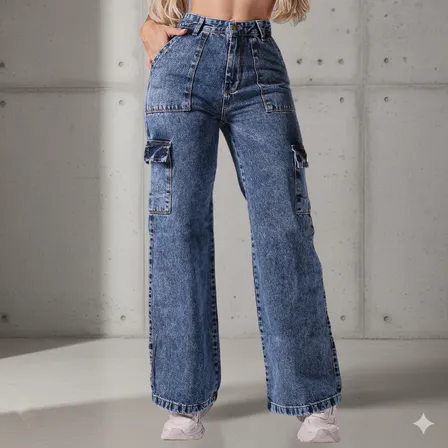 Calça Cargo Jeans Wide Leg 100% Algodão Feminina