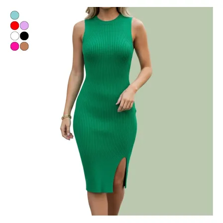 Vestido Canelado Tricot Modal Midi Sem Manga Chic Casual