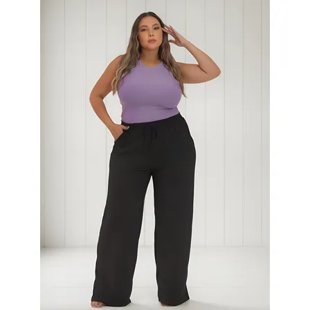 Calça Pantalona Plus Size Wide Leg Cintura Alta Com Elastico