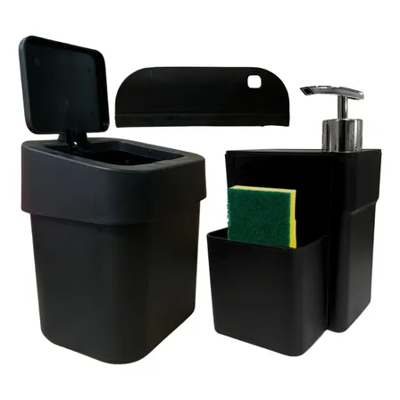 Kit Pia Cozinha Porta Detergente Com Bucha Rodinho E Lixeira