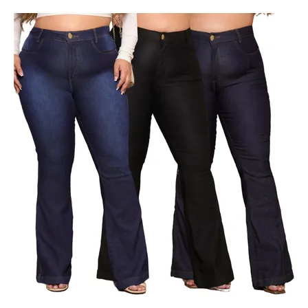 Kit 3 Calça Jeans Plus Size Feminino Flare Cós Alto Elastano