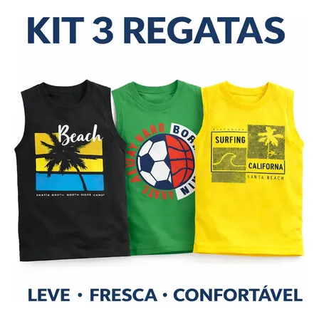 Kit 3 Camisetas Regata Infantil Juvenil Menino 100% Algodão