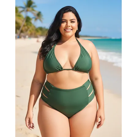 Biquini Plus Size Cintura Alta Tiras Laterais Preto Colorido