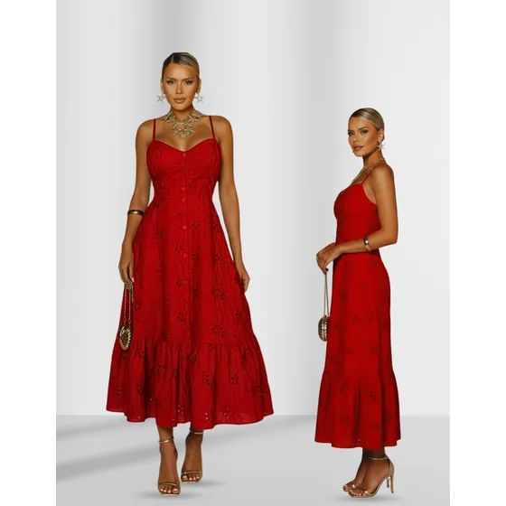 Vestido Midi Feminino Botoes Alça Fina Casual Elegante2093