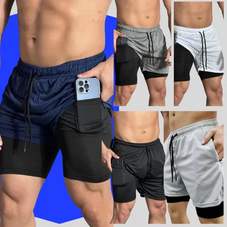 Kit 3 Short Duplo 2 Em 1 Esportivo Com Bolso Academia Treino