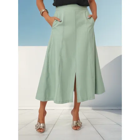 Saia Midi Evase Cintura Alta Com Bolsos Elegante Estilosa