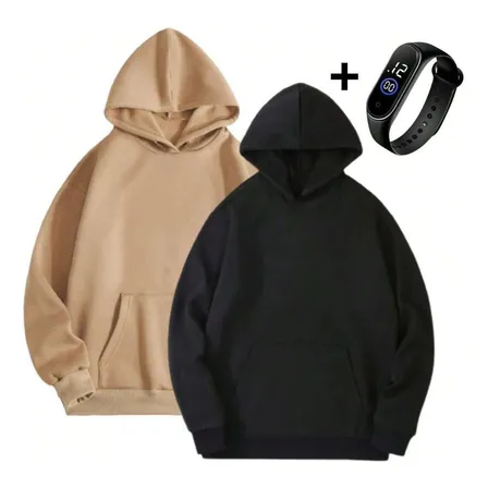 Kit 2 Moletom Canguru Com Capuz Liso + Relógio Digital