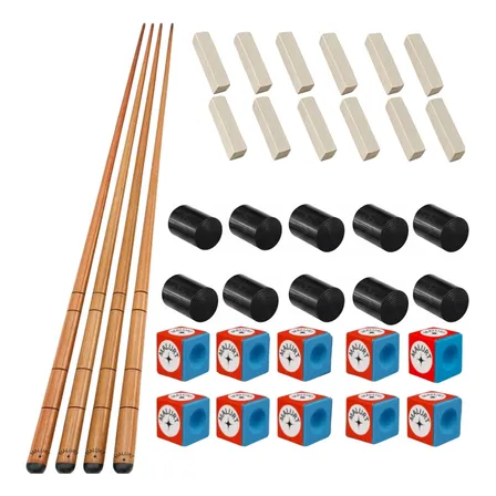 4 Tacos Bar Sinuca Snooker 1.45m + Virolas Giz Azul E Branco