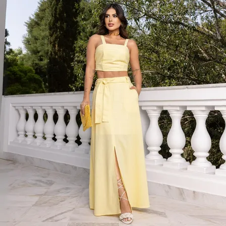 Conjunto De Saia E Cropped Feminino Com Amarração Na Cintura