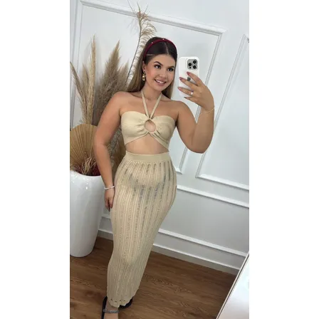Conjunto Feminino Saia Longa E Top Amarrar Saída De Praia