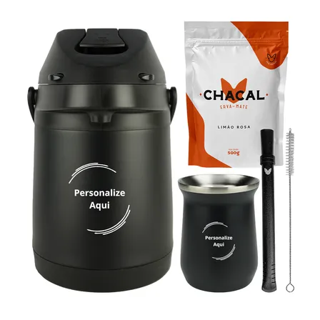 Kit Terere Chacal Bomba Cuia Garrafa Térmica Inox Preto 2,5l